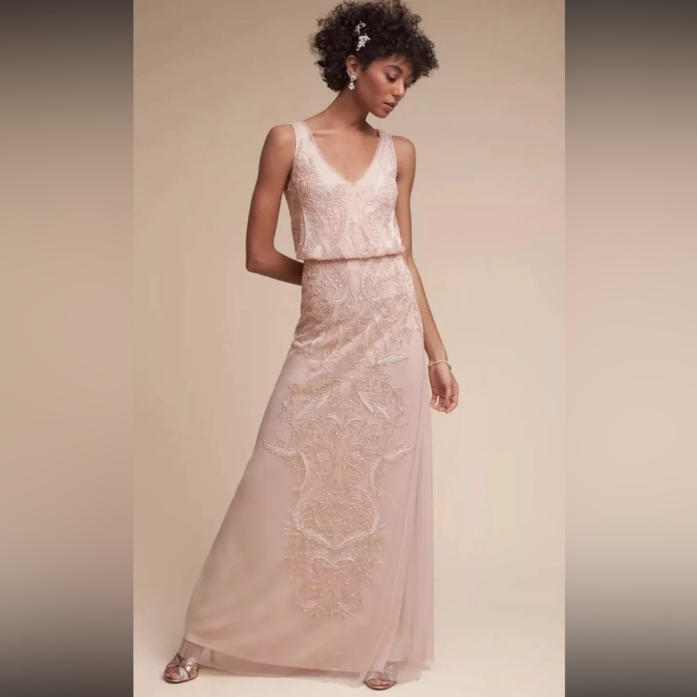 NWOT $280 Adrianna Papell Aubrey Bead Dress Gown Size 4 Pink Bridesmaid Z156